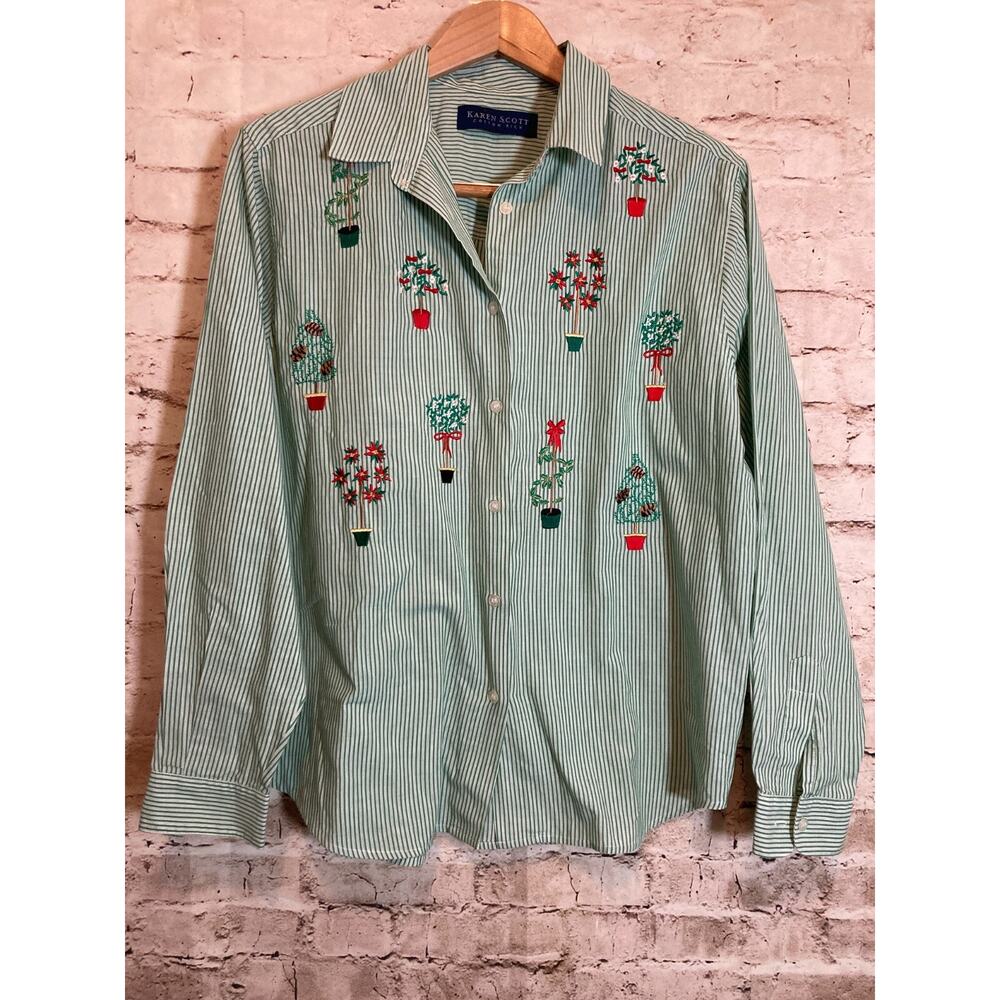 Karen Scott Cotton Rich Top Womens Medium Christmas Plants Embroidered Button Up